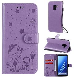 Embossing Bee and Cat Leather Wallet Case for Samsung Galaxy A8 2018 A530 - Purple