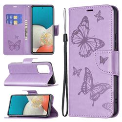 Embossing Double Butterfly Leather Wallet Case for Samsung Galaxy A53 5G - Purple