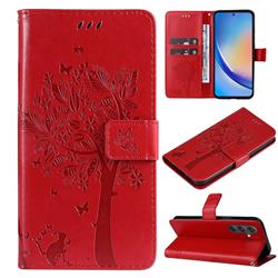 Embossing Butterfly Tree Leather Wallet Case for Samsung Galaxy A55 5G - Red