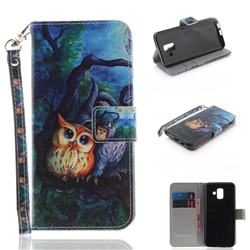 Oil Painting Owl Hand Strap Leather Wallet Case for Samsung Galaxy A6 (2018)