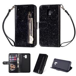 Glitter Shine Leather Zipper Wallet Phone Case for Samsung Galaxy A6 (2018) - Black
