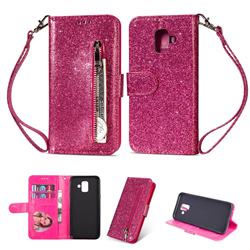 Glitter Shine Leather Zipper Wallet Phone Case for Samsung Galaxy A6 (2018) - Rose