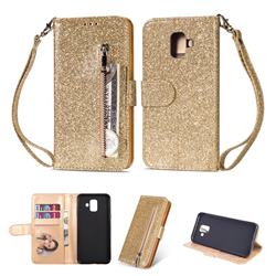 Glitter Shine Leather Zipper Wallet Phone Case for Samsung Galaxy A6 (2018) - Gold