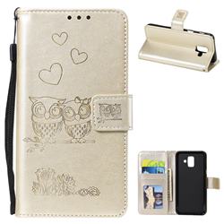 Embossing Owl Couple Flower Leather Wallet Case for Samsung Galaxy A6 (2018) - Golden
