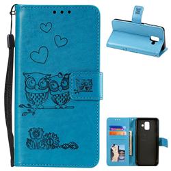 Embossing Owl Couple Flower Leather Wallet Case for Samsung Galaxy A6 (2018) - Blue