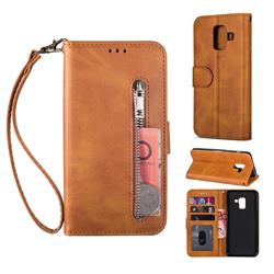 Retro Calfskin Zipper Leather Wallet Case Cover for Samsung Galaxy A6 (2018) - Brown