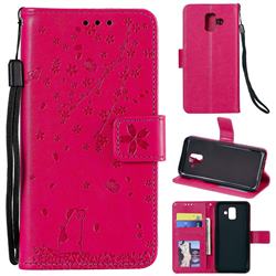 Embossing Cherry Blossom Cat Leather Wallet Case for Samsung Galaxy A6 (2018) - Rose