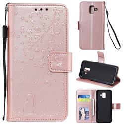 Embossing Cherry Blossom Cat Leather Wallet Case for Samsung Galaxy A6 (2018) - Rose Gold