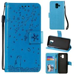 Embossing Cherry Blossom Cat Leather Wallet Case for Samsung Galaxy A6 (2018) - Blue