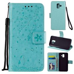 Embossing Cherry Blossom Cat Leather Wallet Case for Samsung Galaxy A6 (2018) - Green