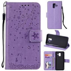 Embossing Cherry Blossom Cat Leather Wallet Case for Samsung Galaxy A6 (2018) - Purple
