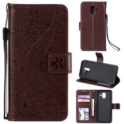 Embossing Cherry Blossom Cat Leather Wallet Case for Samsung Galaxy A6 (2018) - Brown