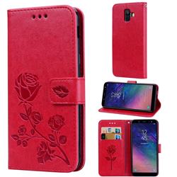 Embossing Rose Flower Leather Wallet Case for Samsung Galaxy A6 (2018) - Red