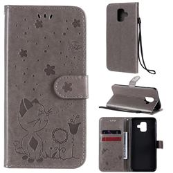 Embossing Bee and Cat Leather Wallet Case for Samsung Galaxy A6 (2018) - Gray