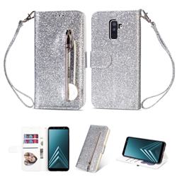 Glitter Shine Leather Zipper Wallet Phone Case for Samsung Galaxy A6 Plus (2018) - Silver