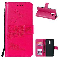 Embossing Owl Couple Flower Leather Wallet Case for Samsung Galaxy A6 Plus (2018) - Red