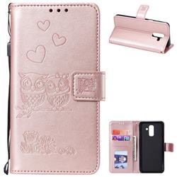 Embossing Owl Couple Flower Leather Wallet Case for Samsung Galaxy A6 Plus (2018) - Rose Gold