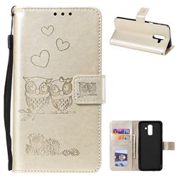 Embossing Owl Couple Flower Leather Wallet Case for Samsung Galaxy A6 Plus (2018) - Golden