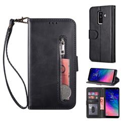 Retro Calfskin Zipper Leather Wallet Case Cover for Samsung Galaxy A6 Plus (2018) - Black