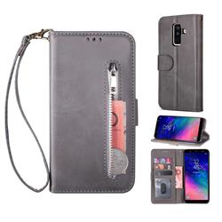Retro Calfskin Zipper Leather Wallet Case Cover for Samsung Galaxy A6 Plus (2018) - Grey