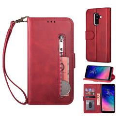 Retro Calfskin Zipper Leather Wallet Case Cover for Samsung Galaxy A6 Plus (2018) - Red