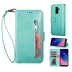 Retro Calfskin Zipper Leather Wallet Case Cover for Samsung Galaxy A6 Plus (2018) - Mint Green