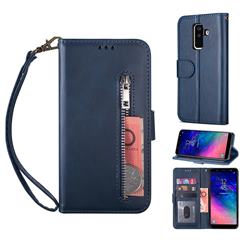 Retro Calfskin Zipper Leather Wallet Case Cover for Samsung Galaxy A6 Plus (2018) - Blue