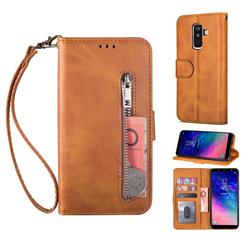 Retro Calfskin Zipper Leather Wallet Case Cover for Samsung Galaxy A6 Plus (2018) - Brown