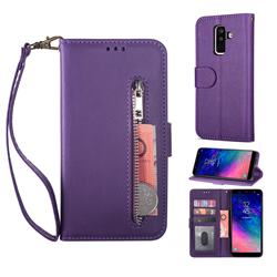 Retro Calfskin Zipper Leather Wallet Case Cover for Samsung Galaxy A6 Plus (2018) - Purple