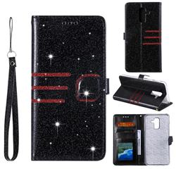 Retro Stitching Glitter Leather Wallet Phone Case for Samsung Galaxy A6 Plus (2018) - Black