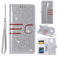 Retro Stitching Glitter Leather Wallet Phone Case for Samsung Galaxy A6 Plus (2018) - Silver