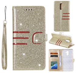 Retro Stitching Glitter Leather Wallet Phone Case for Samsung Galaxy A6 Plus (2018) - Golden