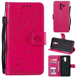 Embossing Cherry Blossom Cat Leather Wallet Case for Samsung Galaxy A6 Plus (2018) - Rose