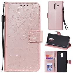 Embossing Cherry Blossom Cat Leather Wallet Case for Samsung Galaxy A6 Plus (2018) - Rose Gold