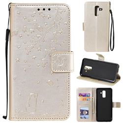 Embossing Cherry Blossom Cat Leather Wallet Case for Samsung Galaxy A6 Plus (2018) - Golden