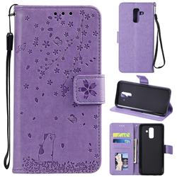 Embossing Cherry Blossom Cat Leather Wallet Case for Samsung Galaxy A6 Plus (2018) - Purple