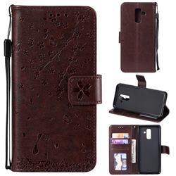 Embossing Cherry Blossom Cat Leather Wallet Case for Samsung Galaxy A6 Plus (2018) - Brown