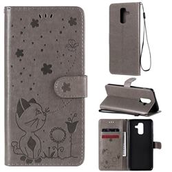 Embossing Bee and Cat Leather Wallet Case for Samsung Galaxy A6 Plus (2018) - Gray