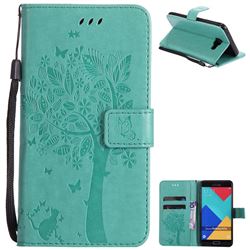 Embossing Butterfly Tree Leather Wallet Case for Samsung Galaxy A7 2016 A710 - Cyan