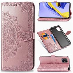 Embossing Imprint Mandala Flower Leather Wallet Case for Samsung Galaxy A71 5G - Rose Gold