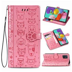 Embossing Dog Paw Kitten and Puppy Leather Wallet Case for Samsung Galaxy A71 5G - Pink