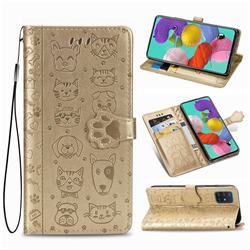 Embossing Dog Paw Kitten and Puppy Leather Wallet Case for Samsung Galaxy A71 5G - Champagne Gold