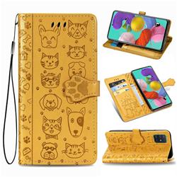 Embossing Dog Paw Kitten and Puppy Leather Wallet Case for Samsung Galaxy A71 5G - Yellow