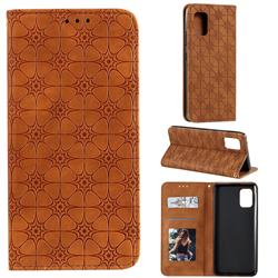Intricate Embossing Four Leaf Clover Leather Wallet Case for Samsung Galaxy A71 5G - Yellowish Brown