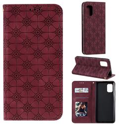 Intricate Embossing Four Leaf Clover Leather Wallet Case for Samsung Galaxy A71 5G - Claret