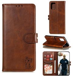Embossing Happy Cat Leather Wallet Case for Samsung Galaxy A71 5G - Brown
