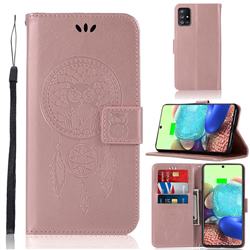 Intricate Embossing Owl Campanula Leather Wallet Case for Samsung Galaxy A71 5G - Rose Gold