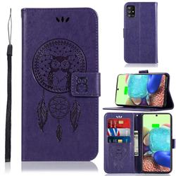 Intricate Embossing Owl Campanula Leather Wallet Case for Samsung Galaxy A71 5G - Purple