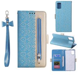 Luxury Lace Zipper Stitching Leather Phone Wallet Case for Samsung Galaxy A71 5G - Blue