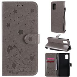Embossing Bee and Cat Leather Wallet Case for Samsung Galaxy A71 5G - Gray